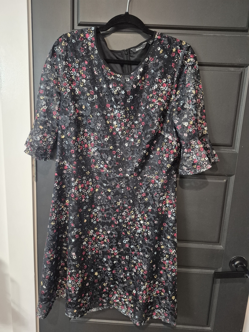 Reitmans Black Floral Lace Midi Dress with Pink & White Accents